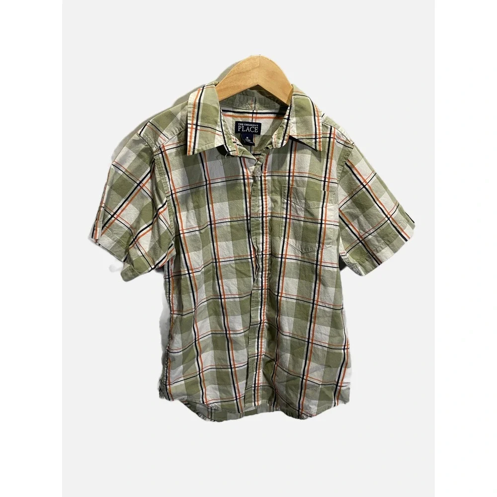 The Children's Place Button Down Boys M 7/8 Green Plaid Short Sleeve Casual Top